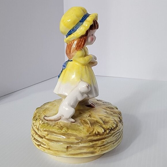 Musical Figurine Girl In Yellow With White Cat Schmid Welcher Vintage 70's - Picture 5 of 11